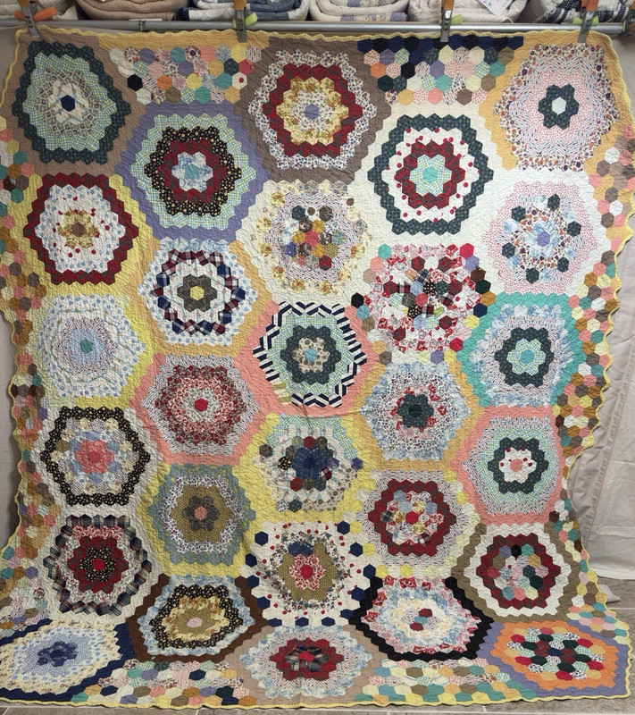 Antique Handmade Hand Quilted Feed Sack Grandmothers Flower Garden Quilt  #186