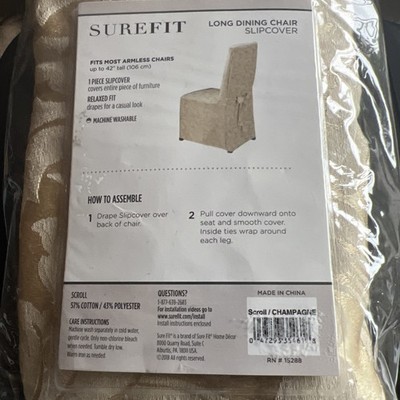 SureFit Scroll Long Dining Chair Slipcover Champagne Full Length