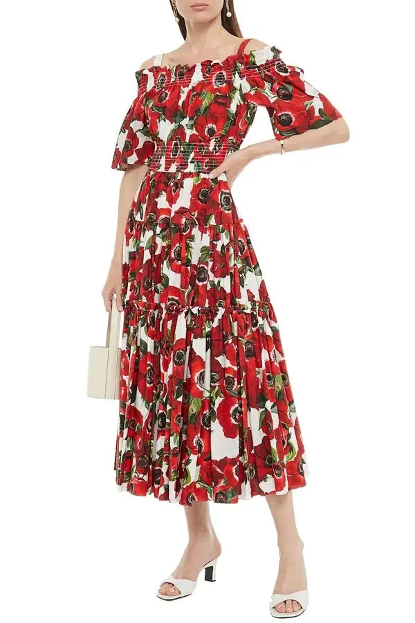 Dolce & Gabbana Red Floral Poppy Print Poplin Cold Shoulder Midi Dress IT 40