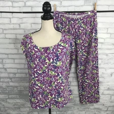 Carole Hochman Womens Pajama Set Size Medium Purple Top Pants Floral Knit