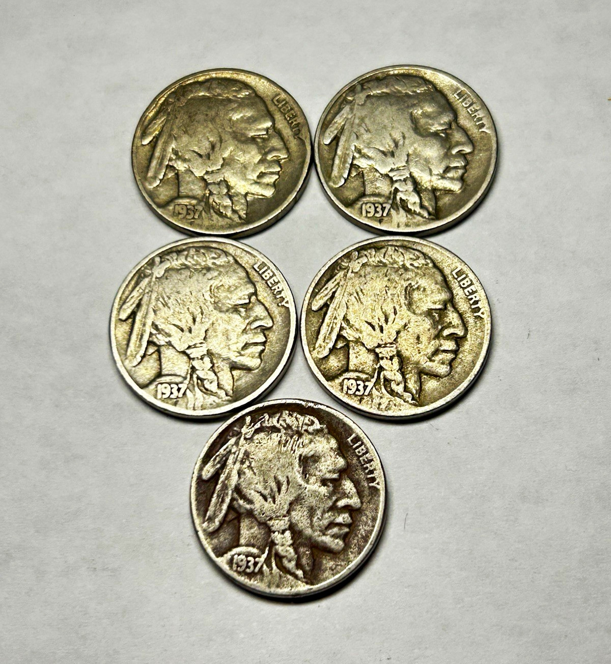Lot of 5 1937 Buffalo Nickels 2x 1937-D & 3x 1937-P Indian Head Five Cents