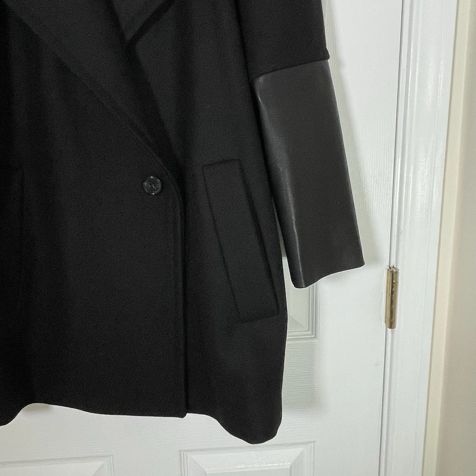 ALLSAINTS Meade Women’s Black Pea Coat Size 4 Wool With Leather Sleeves Classic - Image 3 of 4