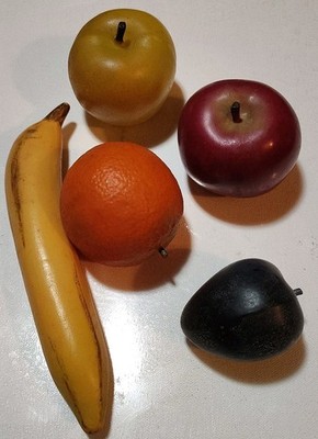 5 Vintage Artificial Fruit Red & Green Apples Banana Orange Plum Hard Plastic