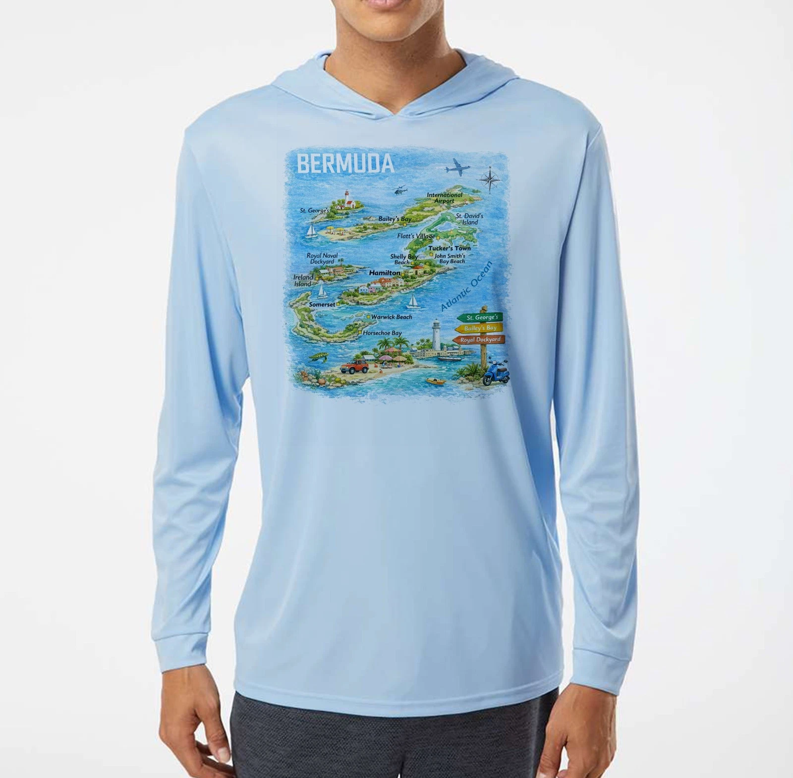 Bermuda Islands Map Sport UV Protected UPF 50 Long Sleeve T-Shirt Hood Fishing