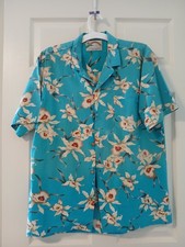Vintage Men's Hawaiian style Large button up shirt, blue green with floral print