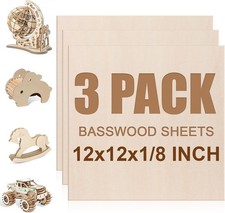 3 Pack Basswood Sheets 1/8"x12"x12", 3mm Basswood for Laser Cutting and Engravin
