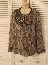 Chico's Womens Cheetah Print Cardigan Size 2 Floral Sequin Artsy Embroidered