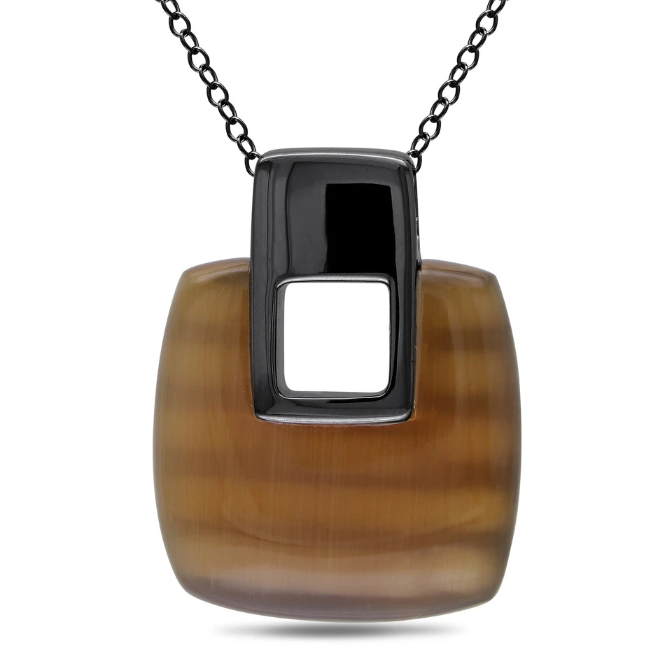 Amour Black Rhodium Silver 16 CT TGW Simulated Coffee Cat Eye Pendant with Chain