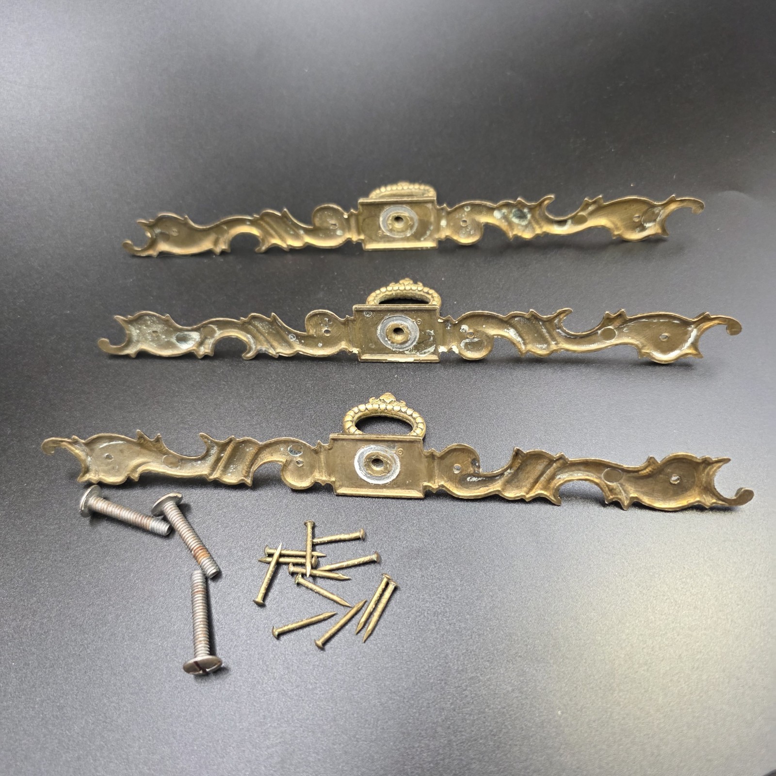 Vintage Ornate Brass Drawer Pulls Set of 3 ~ 7.75" Escutcheon Plates Ring Handle