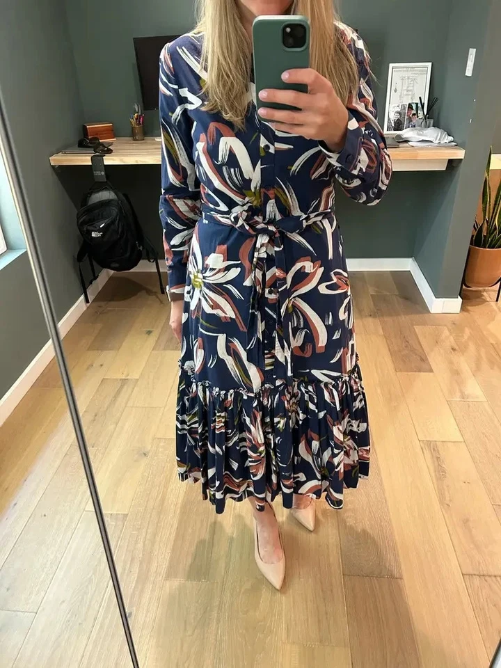 Vestido midi Shoshanna Tori estampado floral cuello algodón plisado, talla 2 Ret. $595 Foto 3 de 4