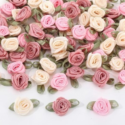 300 Pcs Mini Roses For Crafts 15 Mm Mini Small Satin Ribbon Roses Pink White
