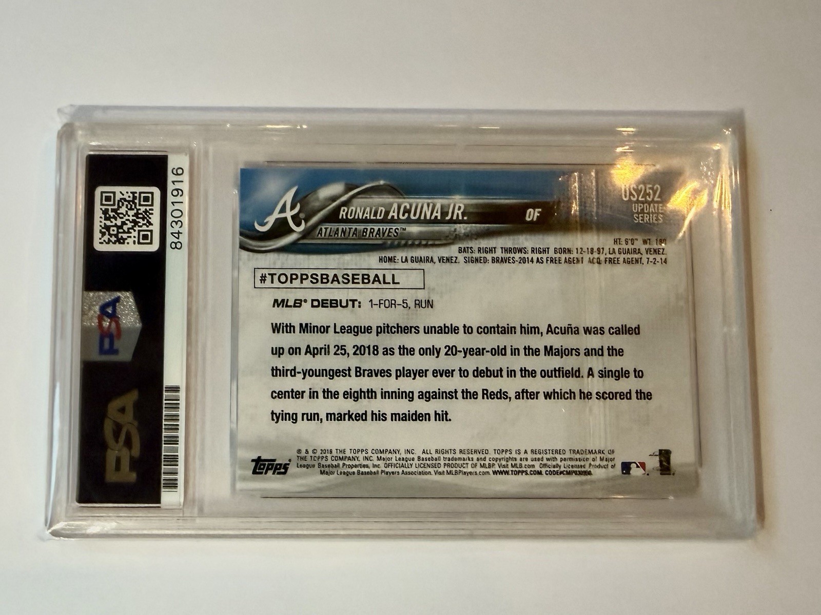 2018 TOPPS UPDATE RONALD ACUNA Jr. RC ROOKIE #US252 PSA/DNA 10 AUTO GEM MINT view 2