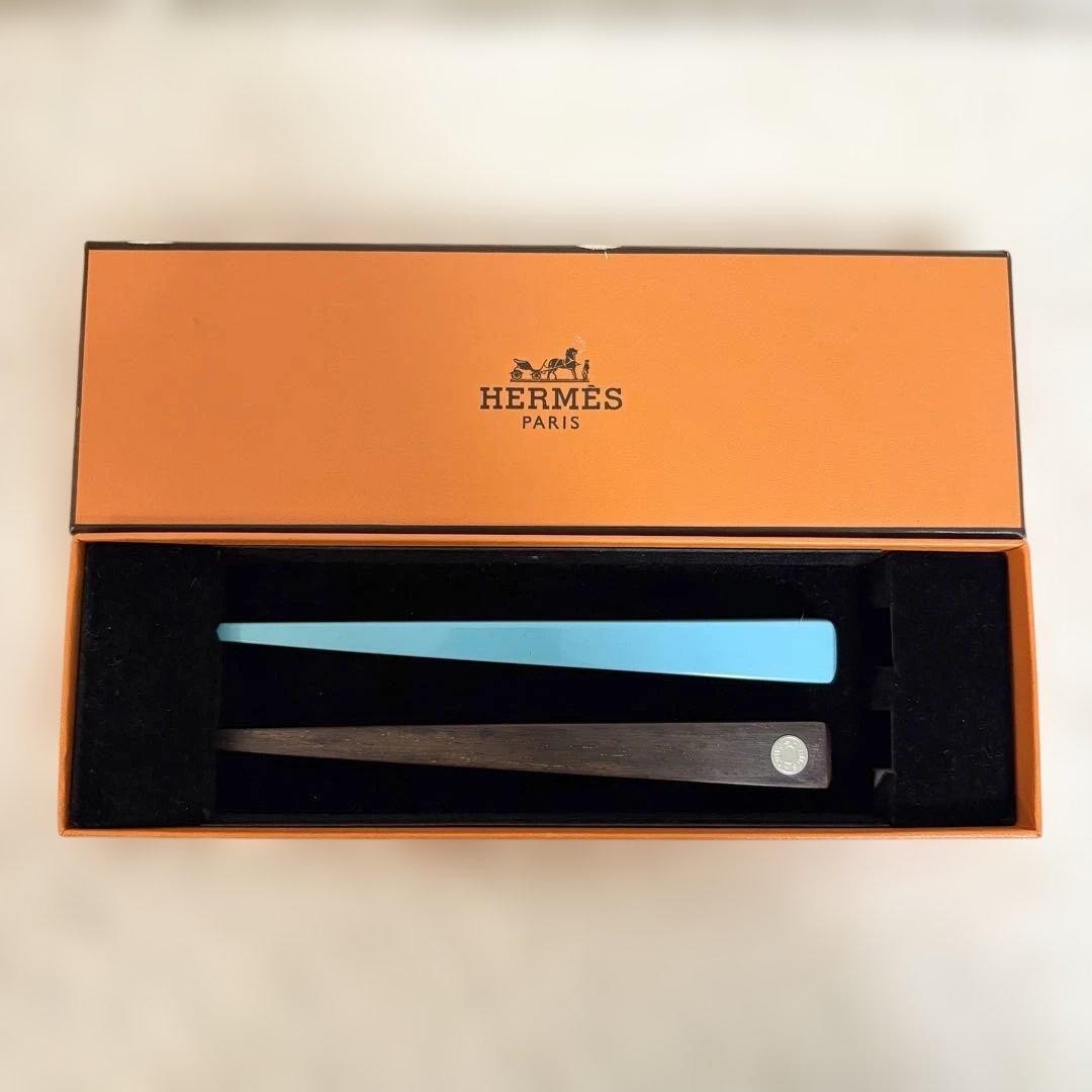 Hermes Hairpins Set 2 Wood Light Blue Box Included Women's