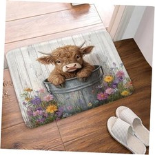 Farmhouse Highland Cow Bath Mat for 17.00" x 29.00" Brown White Pink Yellow