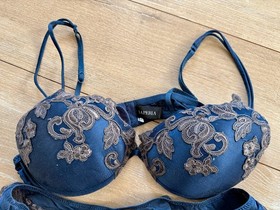 La Perla 36B (US) Navy Floral Lace Padded Underwire Bra + XS Pretty Pants Bridal