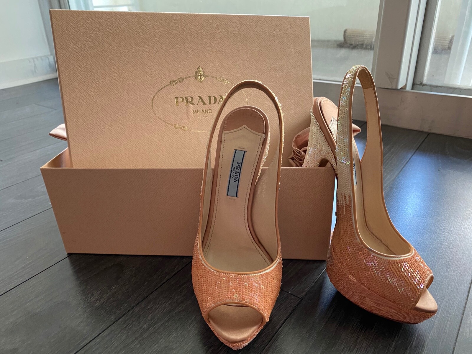 Prada NIB Raso Palletes Nude Cream Blush Ombre Peep Toe Heels Size 35.5