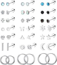 21Pairs Surgical Steel Flat Back Earrings Hypoallergenic 20G Screw Back Nap Stac