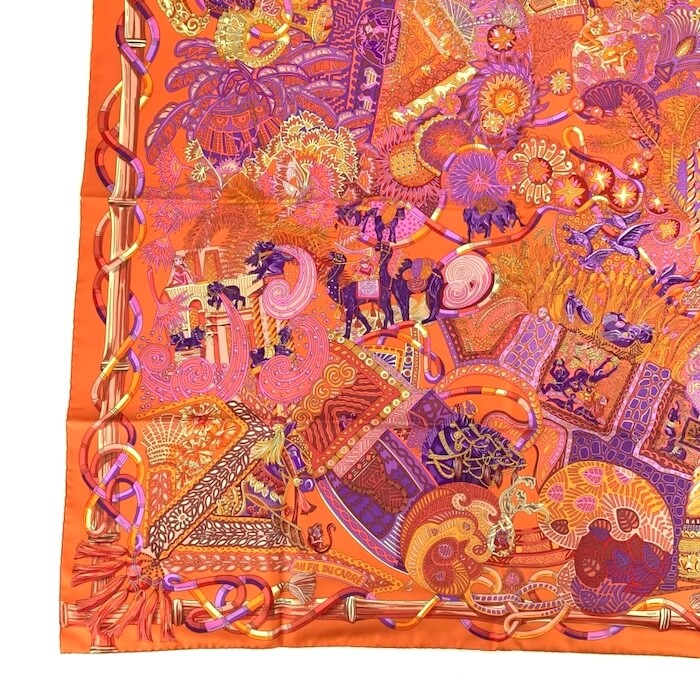 Hermes Scarf Stole Au fil du Carre Orange Purple by Annie Faivre