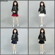 Students Clothes Set for 11.5in. Doll Outfits 1:6 Black Dotted Top Hoodies Skirt