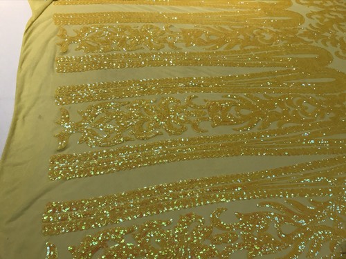 YELLOW IRIDESCENT CLASSIC SEQUIN DESIGN ON A 4 WAY STRETCH MESH-BY YARD. - Picture 2 of 8