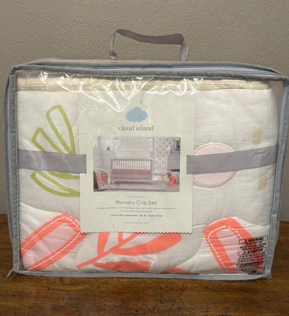 Cloud Island Little Sprout Nursery Crib Bedding Set Coral Green White 4 Pc