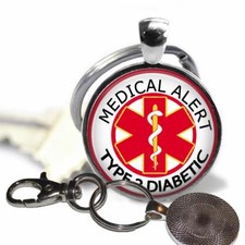 Type 2 Diabetic Medical Alert Glass Top Key Chain Diabetes Condition Warning