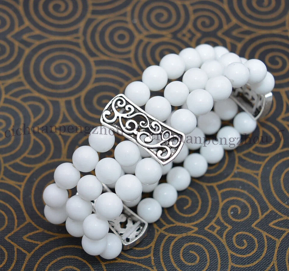 Brazalete de plata tibetana elástico 3 filas 8 mm porcelana redondas cuentas piedras preciosas 7,5"" Foto 2 de 3