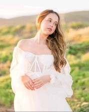Elegant White Mini Tulle Corset Wedding Dress Long Sleeve Sheer Puff Sleeves