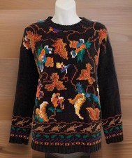 Vintage 1980s REFERENCE POINT Women Sweater Sz L Black Multi Floral Leaf Autumn