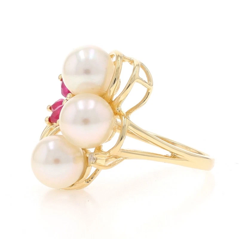 Yellow Gold Cultured Pearl Ruby Diamond Cluster Cocktail Ring - 14k .41ctw - Image 4 of 4