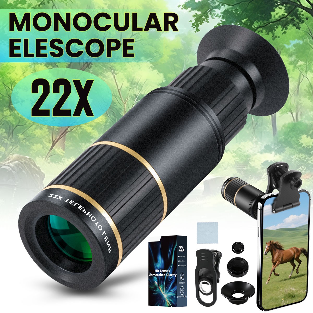 22X25 Zoom Optical HD Lens Monocular Telescope w/ Phone Mount For