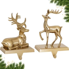 Gold Christmas Stocking Holders for Mantle Set of 2 Reindeer Stocking Hangers We