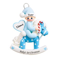 PERSONALIZED Baby's First Christmas Ornament - Baby Boy on Blue Rocking Horse