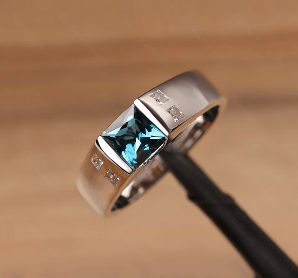 Father's Day Men's Ring Princess 14K White Gold Plated Lab Created Blue Topaz - Image 3 of 4