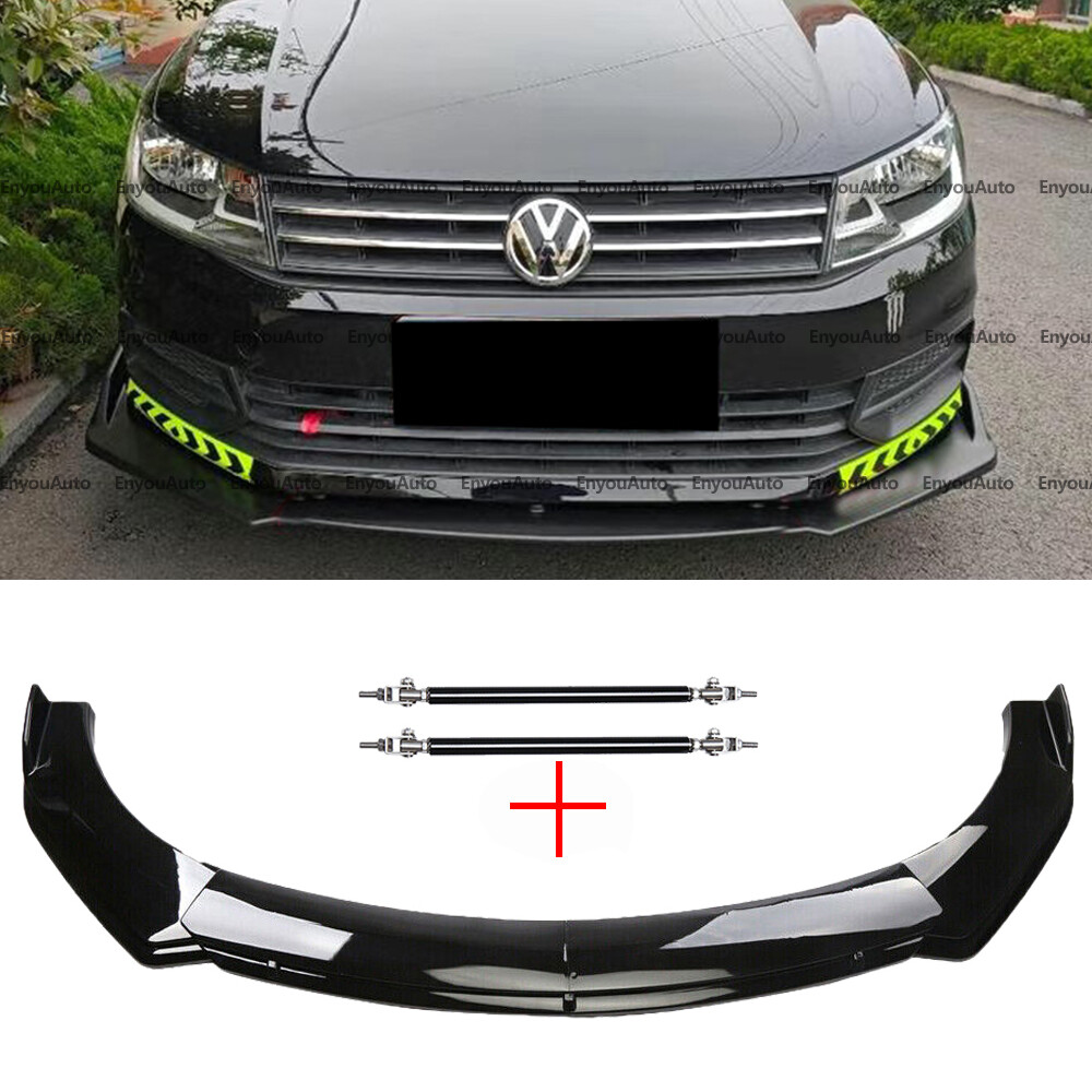 For Volkswagen CC Front Bumper Lip Spoiler Splitter + Strut Rods Glossy Black