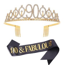 90th Birthday Sash and Rhinestone Tiara Set "90  Fabulous" Black Gold Decor