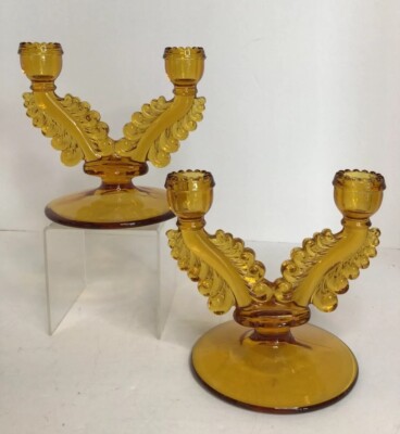 Pair Paden City Glass Amber Nerva Double Candlesticks Candle Holders