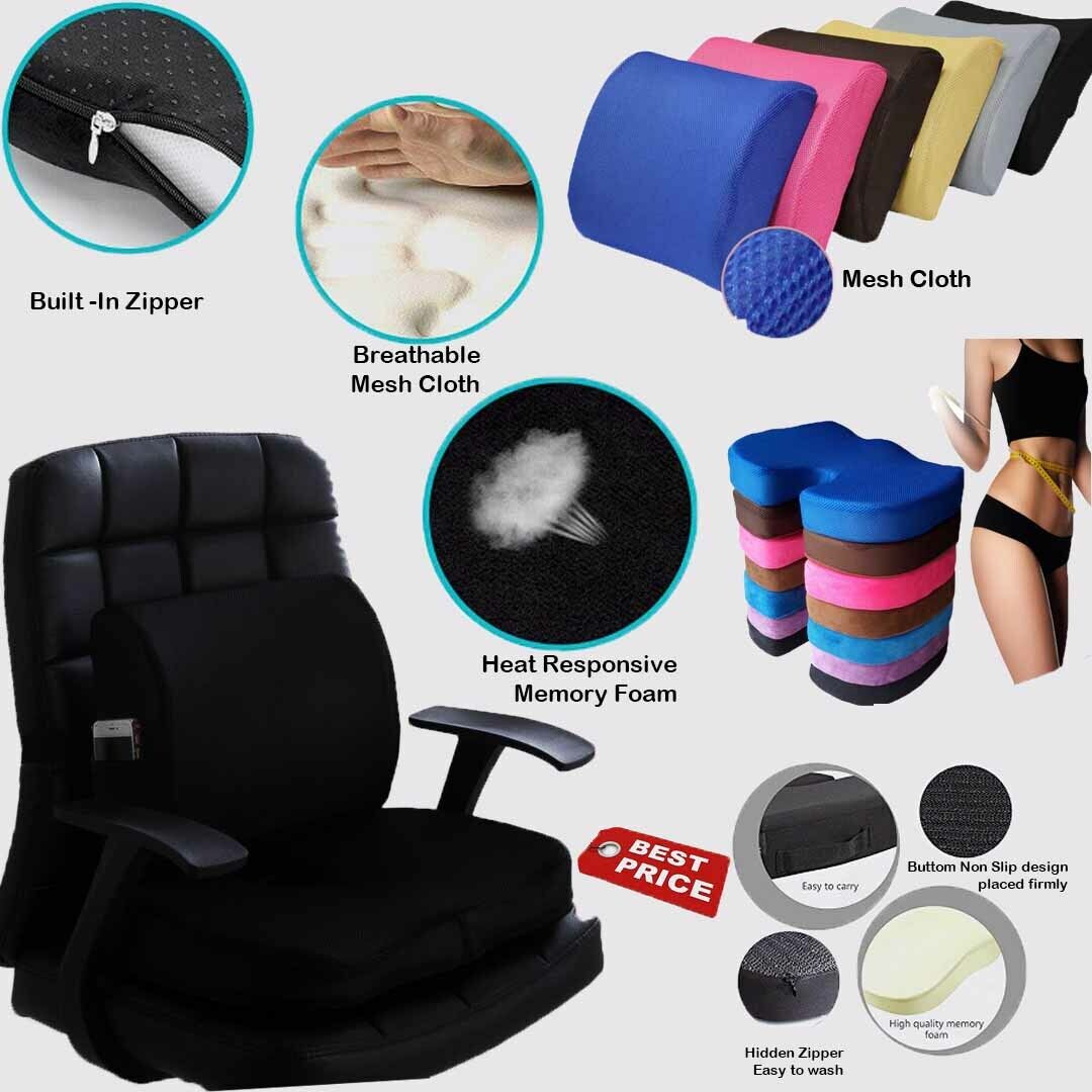 2Pcs Memory Foam Seat Cushion Lumbar & Back Support Orthopedic Coccyx Pain  Relif