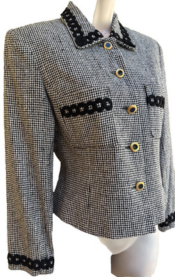 Neiman Marcus Vintage SILK Blazer Jacket Black & White Enamel Buttons Lined Sz 4
