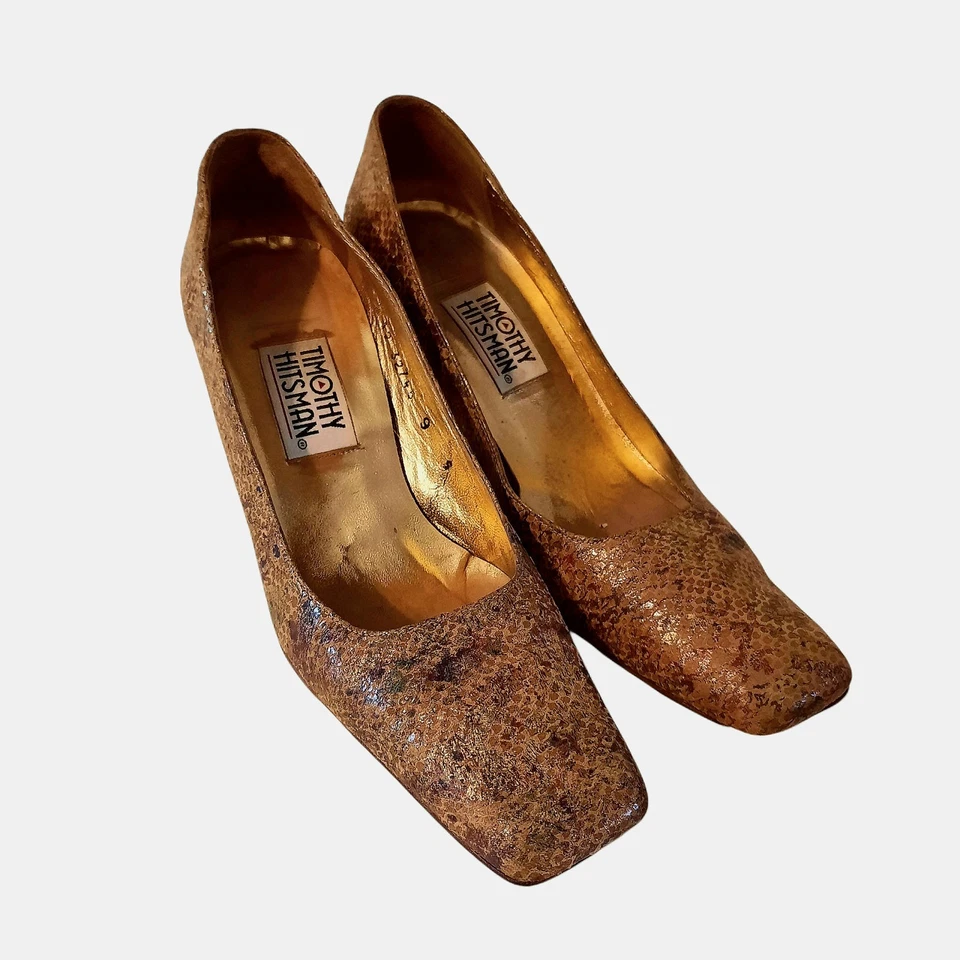 Zapatos de salón de colección TIMOTHY HITSMAN de cuero en relieve de serpiente tostado/dorado/multi talla 9 Foto 2 de 4