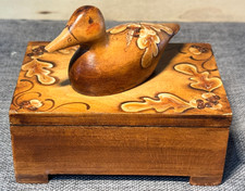 Vintage Hand Carved Wooden Trinket Box with Hand Painted Duck Lid 5"