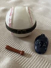 Baseball Hinged Porcelain Trinket Box Pill Bo...