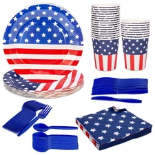 144 Pcs Patriotic Party Supplies Set - Includes 24 Plates, 24 Napkins, 24 Cup...
