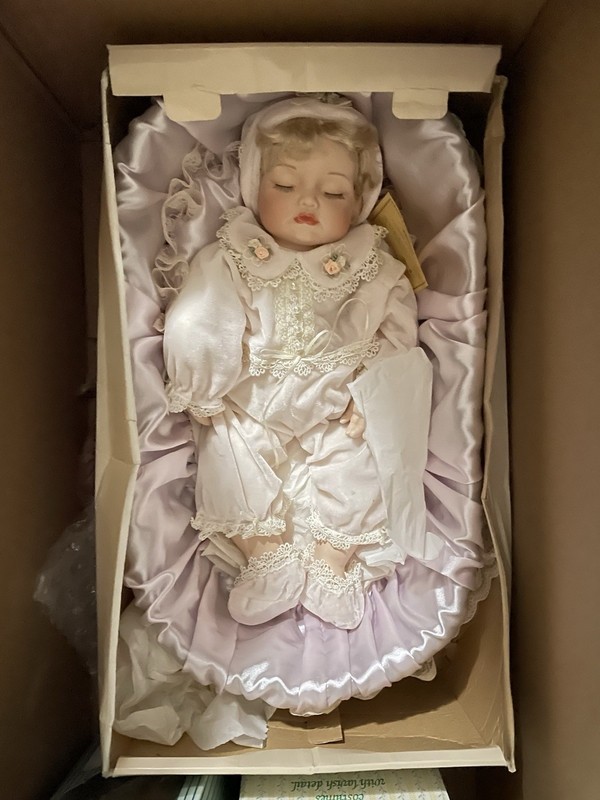 Seymour Mann Porcelain Baby Doll Blonde Hair  w/ Satin Outfit & bassinet & Box