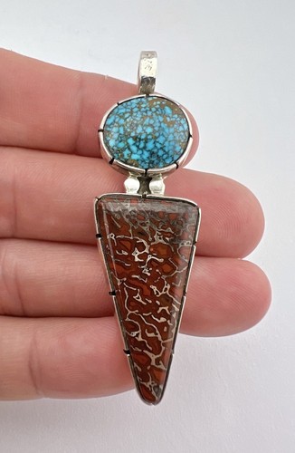 Vtg Navajo Sterling Silver Lone Mountain Turquoise & Fossilized Dinosaur Pendant