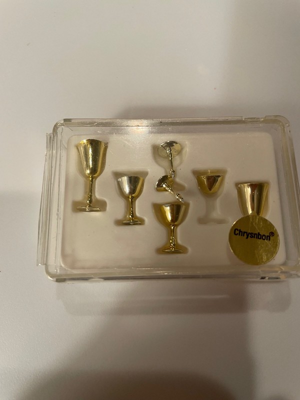 Golden goblets glasses Vintage New for miniature dollhouse possibly 1/2"