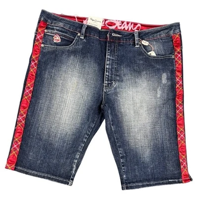 VTG Pepe Jeans Ella Dark Matrix Denim Shorts Red Side Stripe Plaid Size 38 NWOT - Image 1 of 4