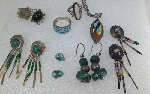 Vintage Sterling Silver Native American Zuni Earrings Pendant Ring Lot  43g