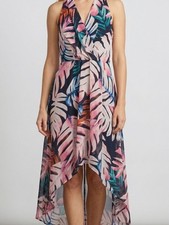 Covington Tropical Leaf Halter High-Low Dress in Pink & Navy