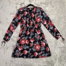 LOFT Dress Womens 4 Black/Red/Pink Floral Fit & Flare Ruffle Neck Long Sleeve